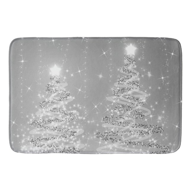 Festive Christmas Sparkling Trees Silver  Bath Mat (Front)