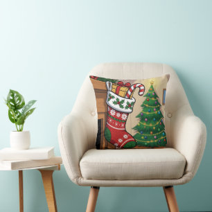 "Festive Christmas Stocking with Gifts and Candy Throw Pillow