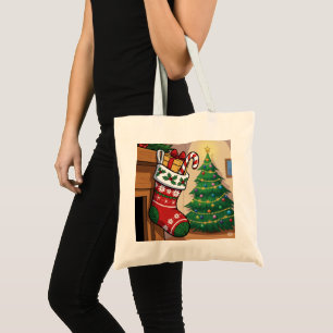 "Festive Christmas Stocking with Gifts and Candy Tote Bag