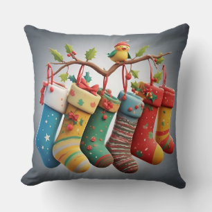 Festive Christmas Stockings Hung with Holly Throw Pillow