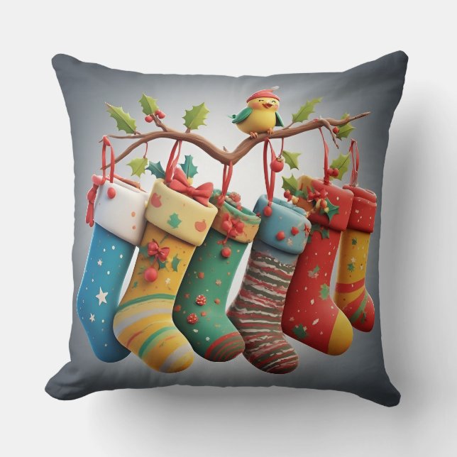 Festive Christmas Stockings Hung with Holly Throw Pillow (Front)