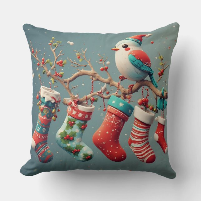 Festive Christmas Stockings Hung with Holly Throw Pillow (Front)