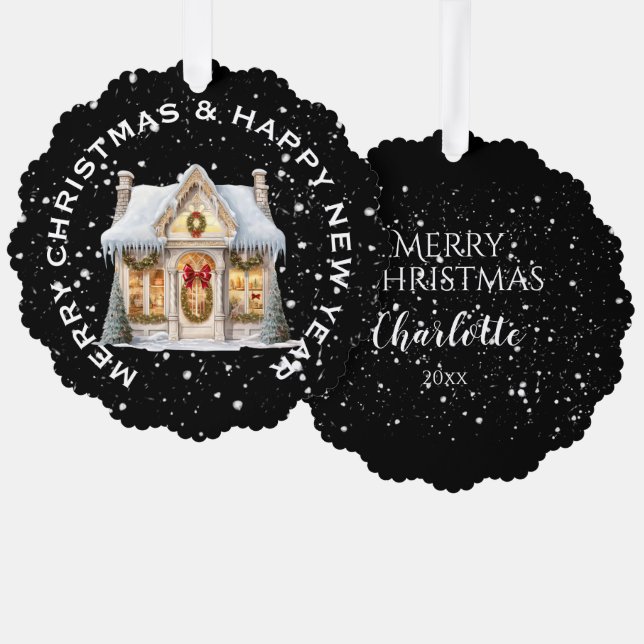 FESTIVE CHRISTMAS STOREFRONT in SNOW PERSONALIZED Ornament Card (Front/Back)