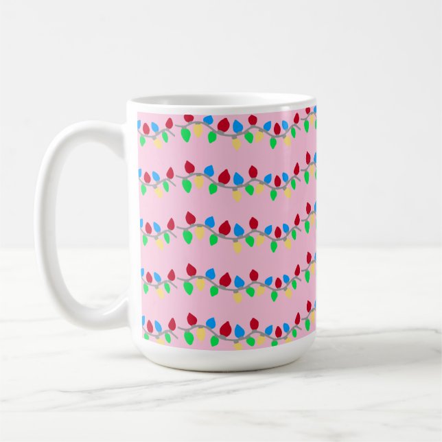 Festive Christmas String Lights on Pink Coffee Mug (Left)