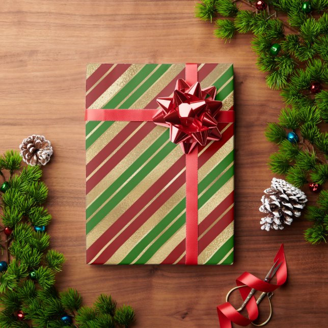Festive Christmas Stripes Pattern Red Green Gold Wrapping Paper (Holiday Gift)