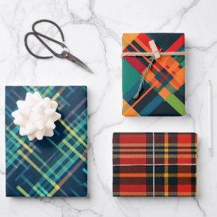 Festive Christmas Stylish Plaid Pattern Set of 3 Wrapping Paper Sheet