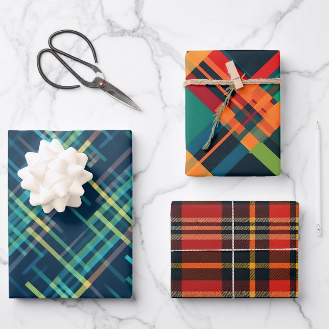 Festive Christmas Stylish Plaid Pattern Set of 3 Wrapping Paper Sheet (Front)