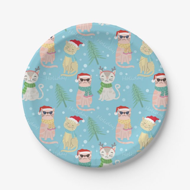 Festive Christmas Sunglasses Cats Design Paper Plate (Front)
