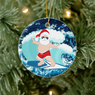 Festive Christmas surfing Santa add sentiment Ceramic Ornament