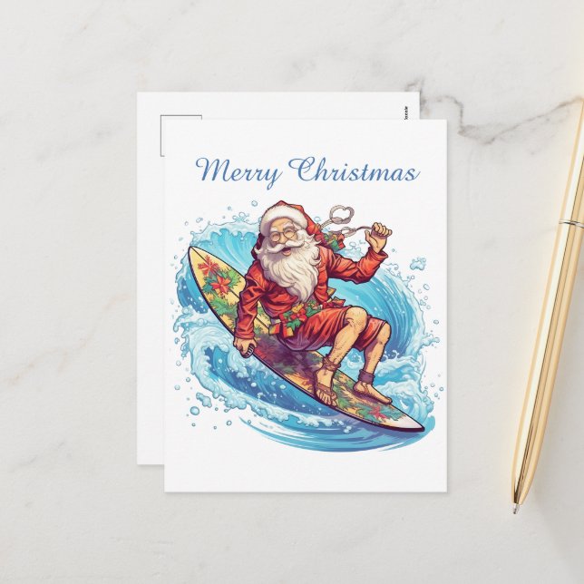 Festive Christmas surfing Santa add text Holiday Postcard (Front/Back In Situ)