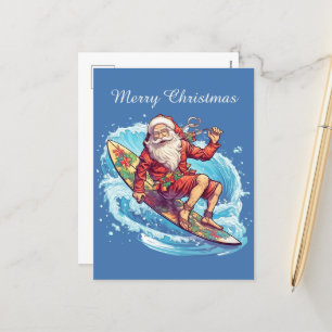 Festive Christmas surfing Santa add text Holiday Postcard