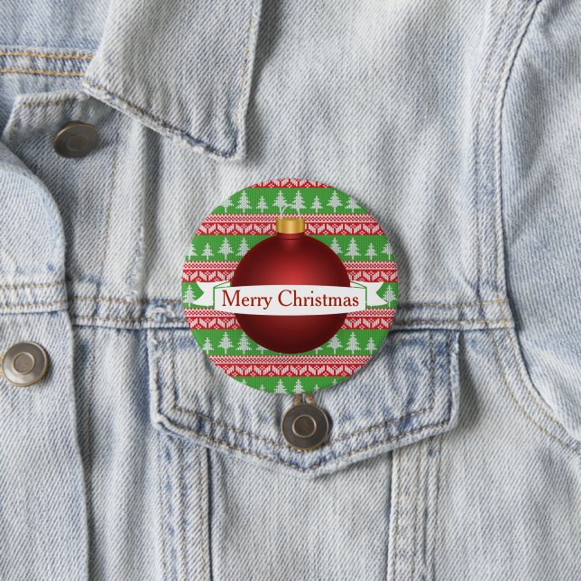Festive Christmas Sweater Print & Red Ornament 3 Inch Round Button (In Situ)