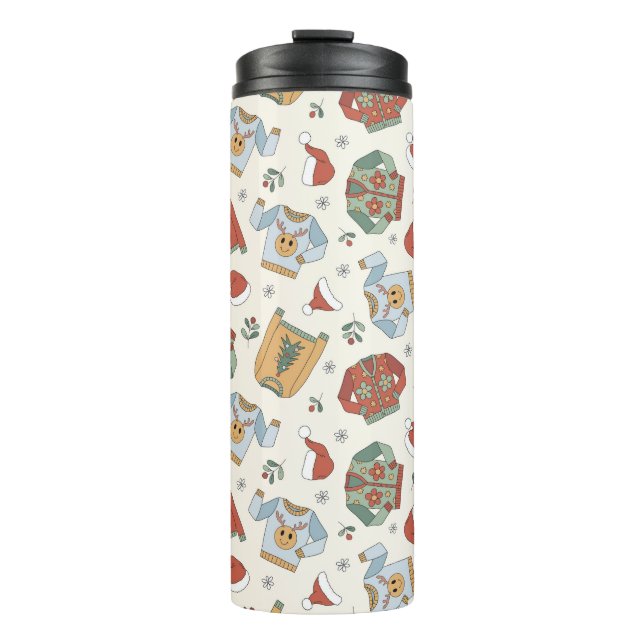 Festive Christmas Sweaters and Hats Pattern Thermal Tumbler (Front)