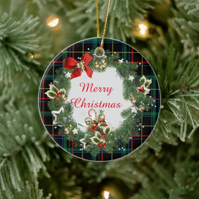 Festive Christmas Tartan with Wreath and Greeting Ceramic Ornament (Tree)