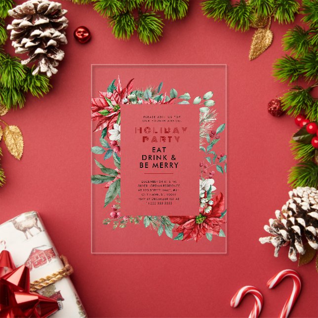 Festive Christmas Theme Poinsettia Frame Party Acrylic Invitations (Insitu (Holiday))
