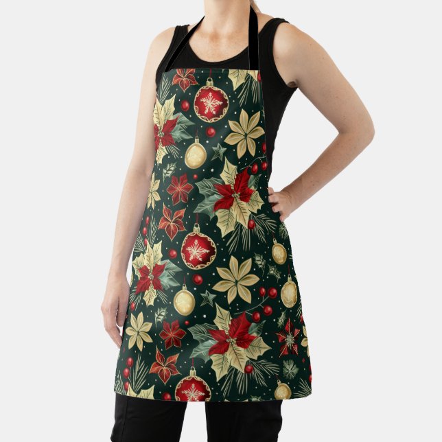 Festive Christmas Theme Poinsettia Pattern Apron (Insitu)