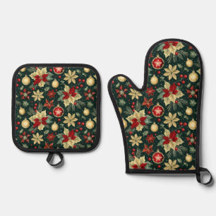 Festive Christmas Theme Poinsettia Pattern Oven Mitt & Pot Holder Set