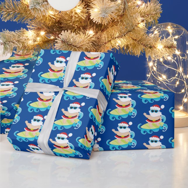Festive Christmas tiled beach surfing Santa Wrapping Paper (Holidays)