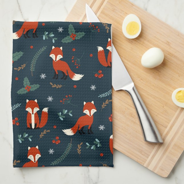 festive Christmas tiled Holiday pattern fox Kitchen Towel (Quarter Fold)