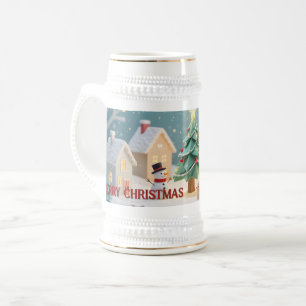 Festive Christmas Tree and Snowmen Scene Beer Stein