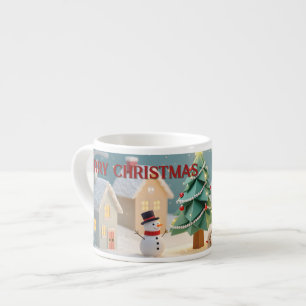 Festive Christmas Tree and Snowmen Scene Espresso Cup