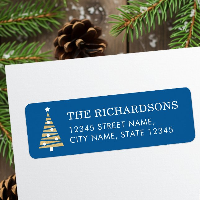 Festive Christmas Tree Blue Gold Return Address (Creator Uploaded)
