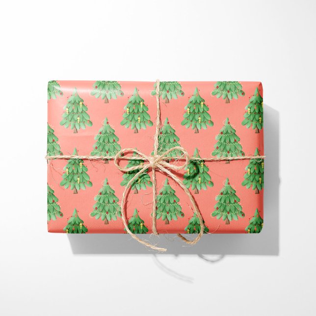 Festive Christmas Tree - Coral Background Holiday Wrapping Paper (Creator Uploaded)