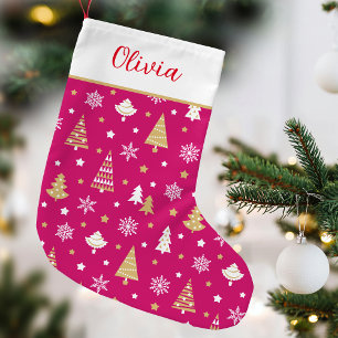 Festive Christmas Tree Custom Name Pink Small Christmas Stocking