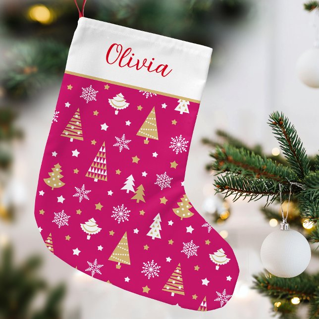 Festive Christmas Tree Custom Name Pink Small Christmas Stocking (Creator Uploaded)