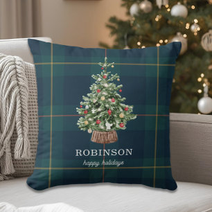Festive Christmas Tree Family Name Holiday Throw Pillow