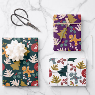 Festive Christmas Tree Gingerbread Men & Xmas Bell Wrapping Paper Sheet