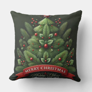 Festive Christmas Tree Illustration Throw Pillow