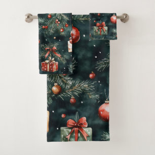 Festive Christmas Tree Ornaments and Gifts Pattern Bath Towel Set