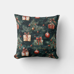 Festive Christmas Tree Ornaments and Gifts Pattern Throw Pillow
