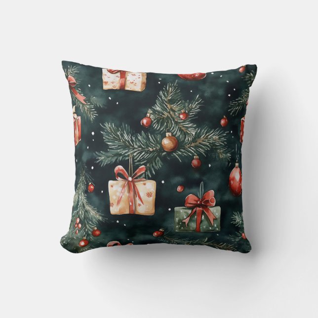 Festive Christmas Tree Ornaments and Gifts Pattern Throw Pillow (Front)