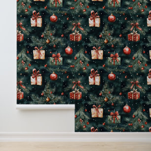 Festive Christmas Tree Ornaments and Gifts Pattern Wallpaper