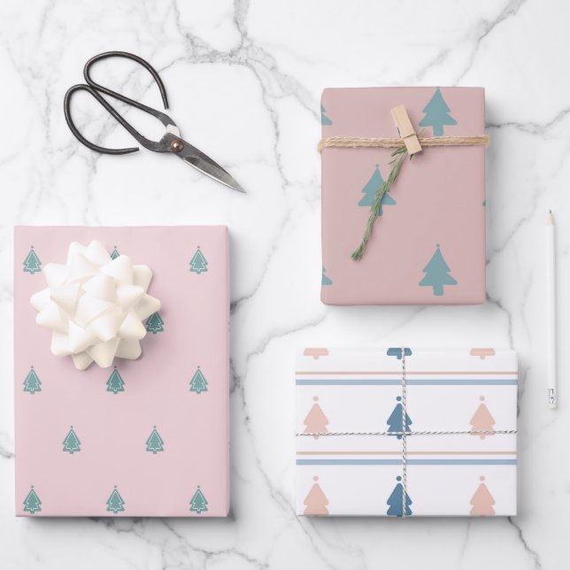 Festive Christmas Tree Pink Wrapping Paper Sheet (Front)