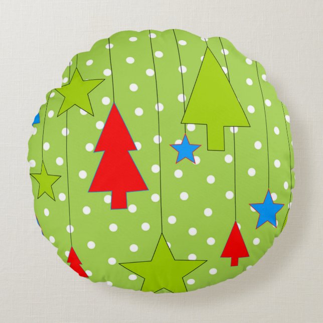 Festive Christmas Tree Print Round Pillow (Front)