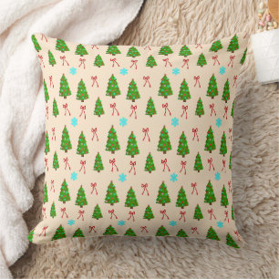 Festive Christmas Tree & Red Bow Throw Pillow