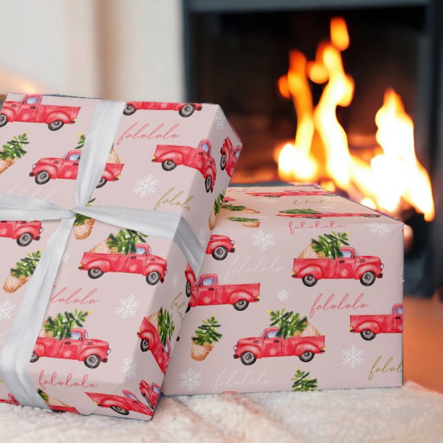 Festive Christmas tree red watercolor truck Wrapping Paper (Festive Christmas tree red watercolor truck Wrapping Paper on pink)