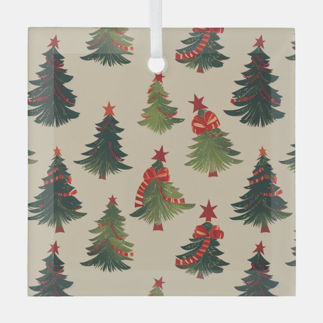 Festive Christmas Tree Repeating Pattern Glass Ornament (Front)