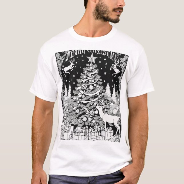 Festive Christmas Tree Silhouette Black Design on  T-Shirt (Front)