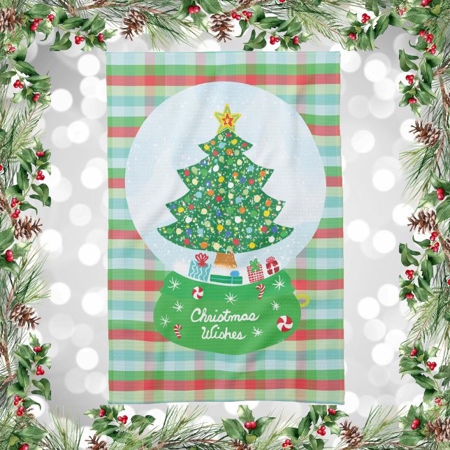Festive Christmas Tree Snow Globe Design Kitchen Towel (Christmas Wishes Tree and Presents Snow Globe Kitchen Towel)