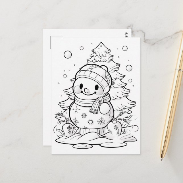 festive Christmas tree snowman kid colouring  Postcard (Front/Back In Situ)