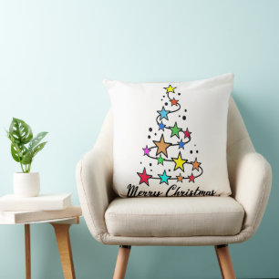 Festive Christmas tree with colourful stars Throw Pillow