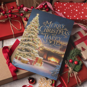 Festive Christmas Tree With Presents by Fireplace Postcard