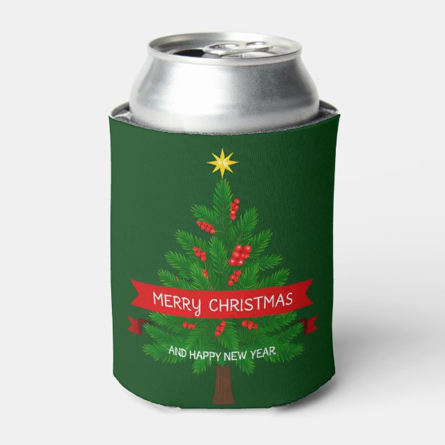 Festive Christmas Tree with Red Ribbon Can Cooler (Can Front)
