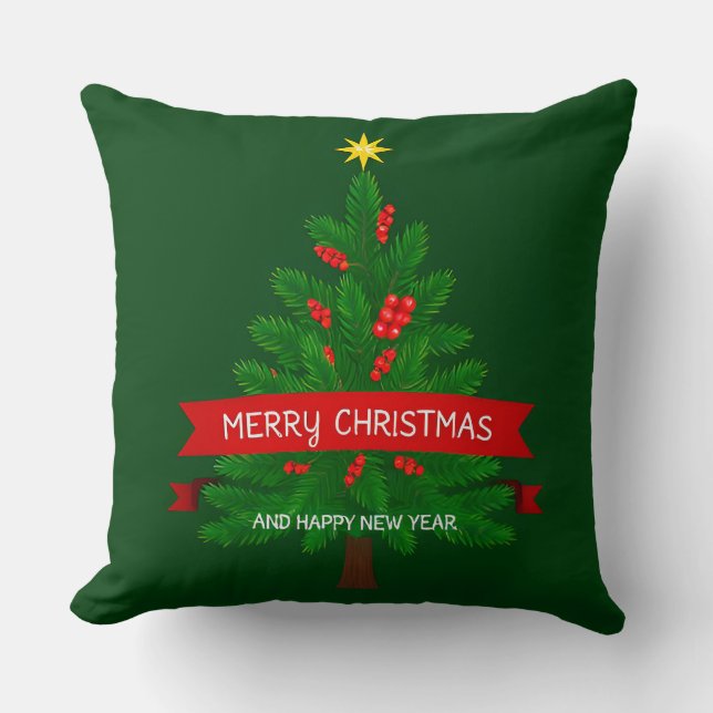 Festive Christmas Tree with Red Ribbon Throw Pillow (Front)