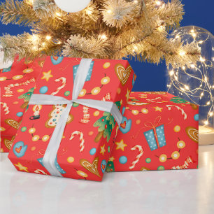 Festive Christmas Trees and Cookies Red   Wrapping Paper
