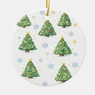 Festive Christmas Trees and Snowflakes Ceramic Ornament